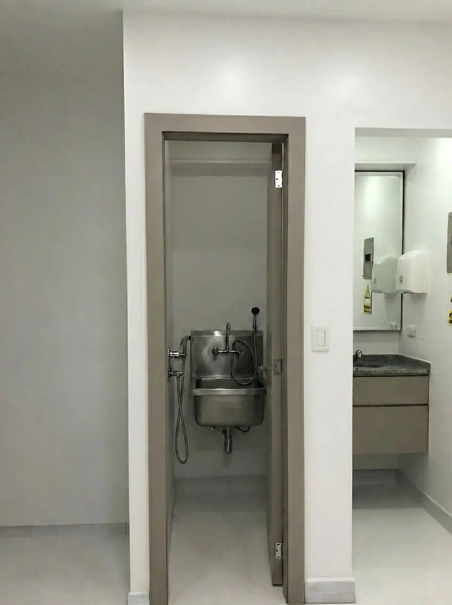 Área de lavado quirúrgico con lavabo de acero inoxidable