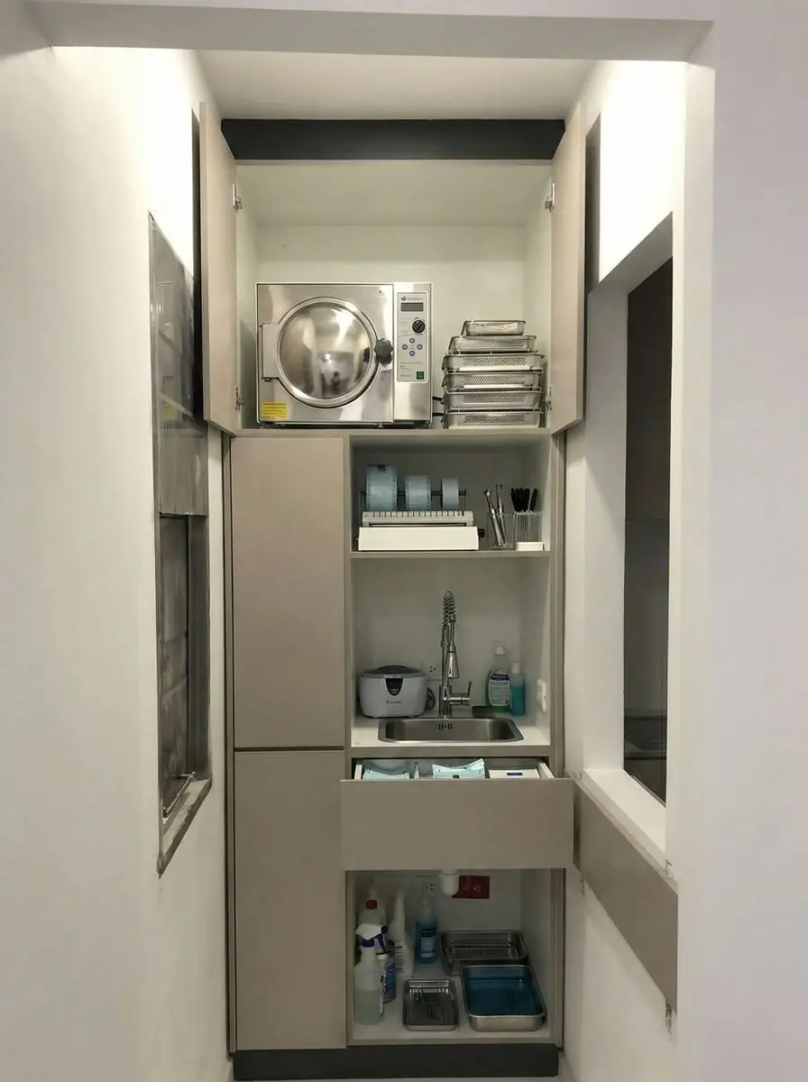 Área de esterilización con autoclave, lavabo y mueble a medida