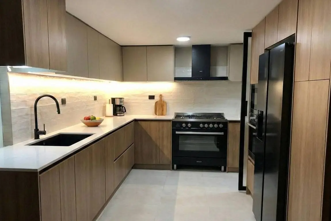 Cocina ampliada y terminada en Quito: muebles de madera cálida, mesón blanco, cocina, campana y nevera en negro